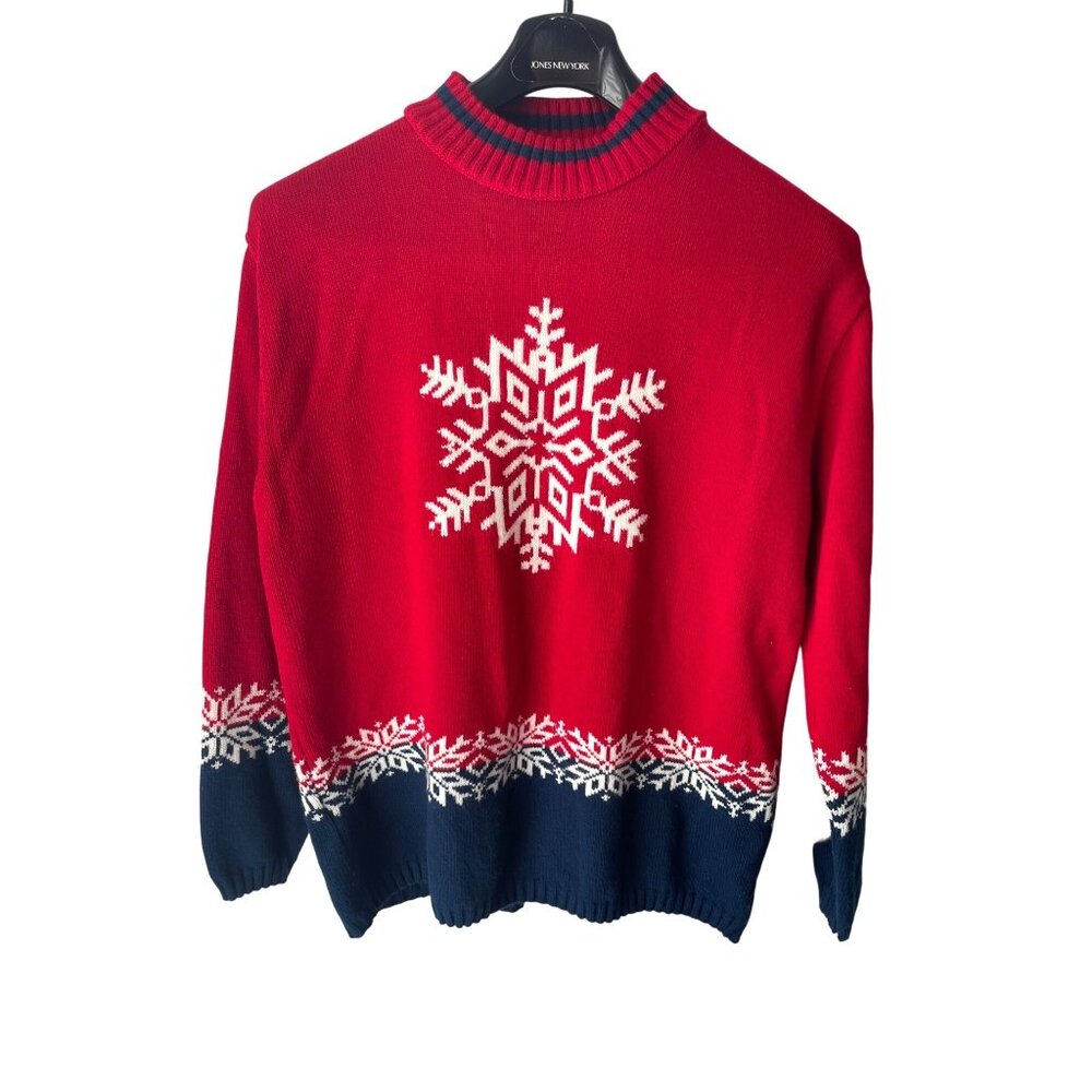 Vintage Christmas Sweater Womens L Snowflakes Made in USA Red, White, Blue